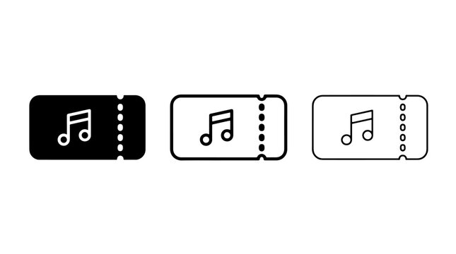 Minimalist concert ticket vector icons featuring music notes and perforated edges in black style