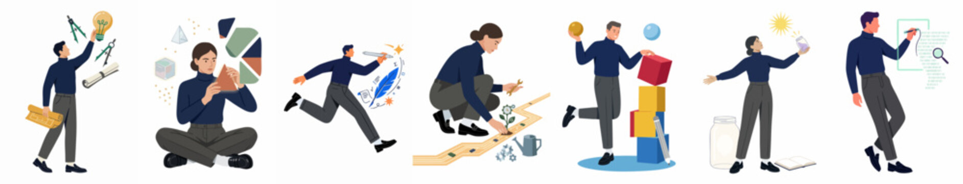 Set of flat character illustrations representing business concepts like creativity, growth, strategy, problem solving, and goal achievement on a white background.