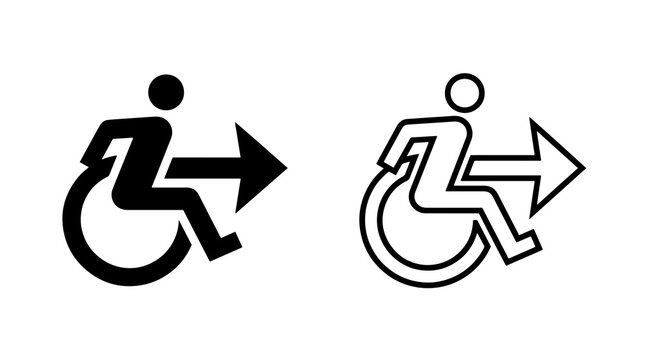 Minimalist wheelchair accessibility icon set featuring directional arrow pointing right for signage