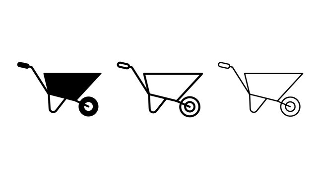 Minimalist wheelbarrow vector icons set in black outline and solid style