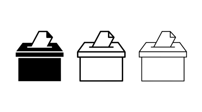 Minimalist ballot box vector icon set showing voting paper insertion in simple outline style