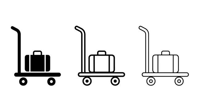Minimalist luggage cart icons set featuring baggage trolley symbols in simple vector style