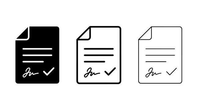 Minimalist document icons featuring signed contracts and approval checkmarks in outline style