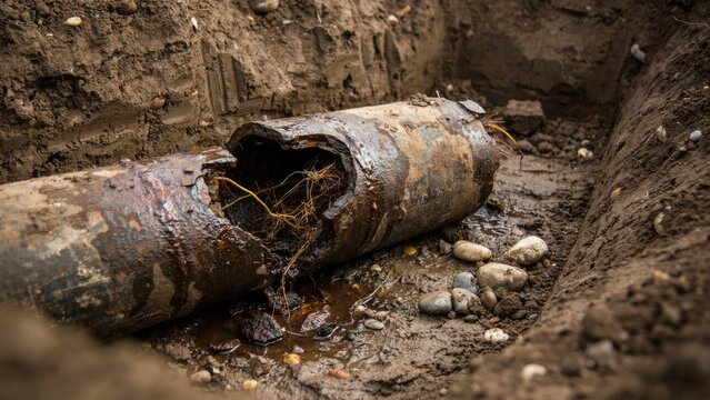 Broken corroded metal pipe with tree roots in an excavated trench