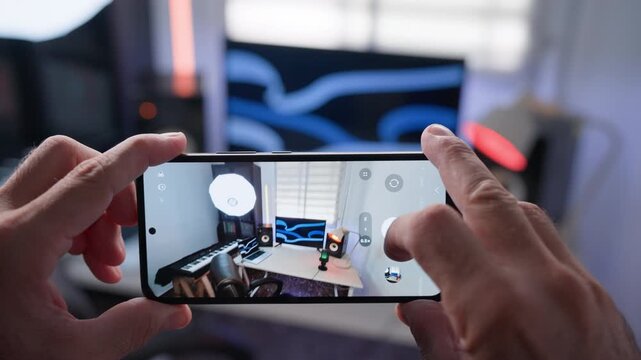 Hands hold a smartphone that rotates from vertical to horizontal, photographing a wider view of a content creator's home studio with a desk, floor speaker, and softbox light, Vertical.