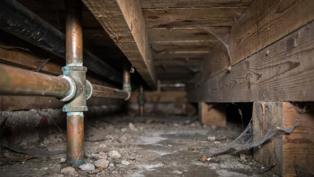 Copper plumbing pipes and wooden floor joists in a dark crawl space