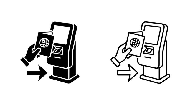 Minimalist passport scanner kiosk vector icon set for travel and security design projects