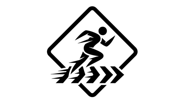 Minimalist running icon speeding forward within diamond sign showing fast motion and agility