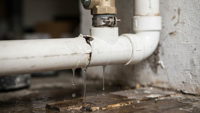 Cracked white pvc pipe leaking water in a basement setting