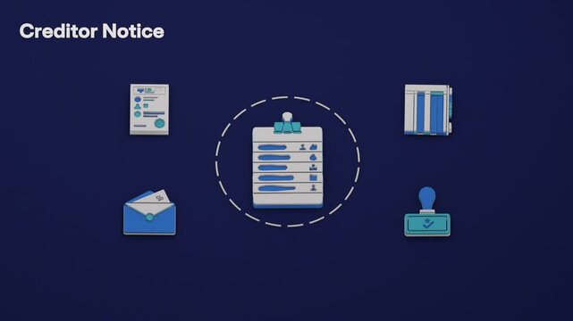 The executor publishes notice to creditors, supported by an estate inventory and a reserve for late claims. Flat 3D style; an English title card.