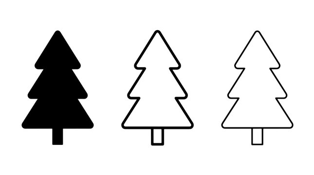 Minimalist pine tree vector icons set in black outline style for forest design