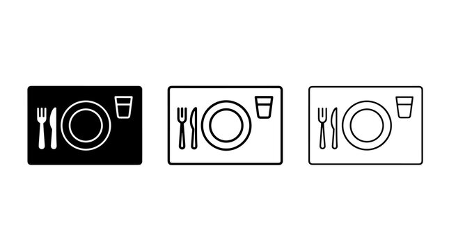 Minimalist place setting icons featuring plate fork knife and glass in vector style