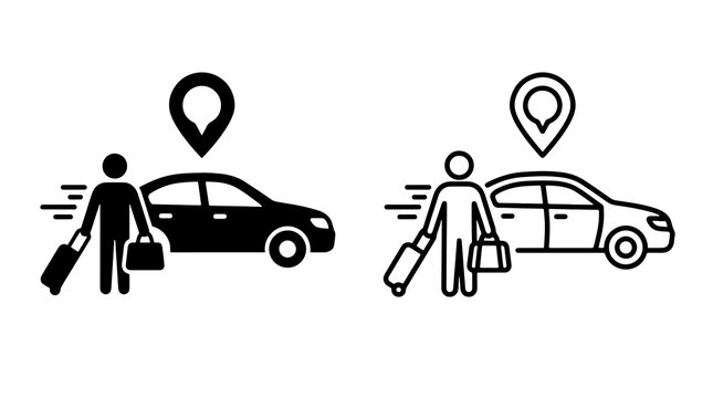 Minimalist passenger icon standing with luggage near car and location pin representing rideshare