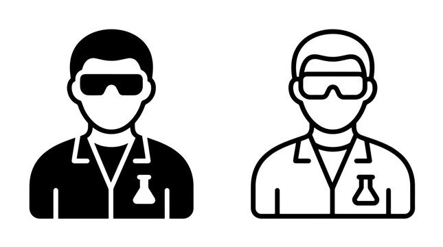 Minimalist scientist icon featuring protective eyewear and laboratory coat in flat vector art style