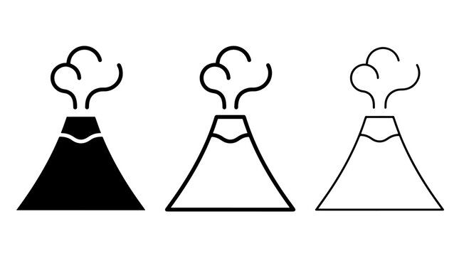 Minimalist volcano icons erupting with smoke in simple line art style