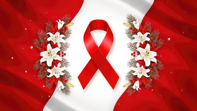 Red awareness ribbon with white lily flowers on wavy peruvian flag background