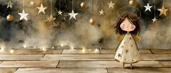 Obraz premium Cute Christmas Angel Watercolor Background – AI Generative