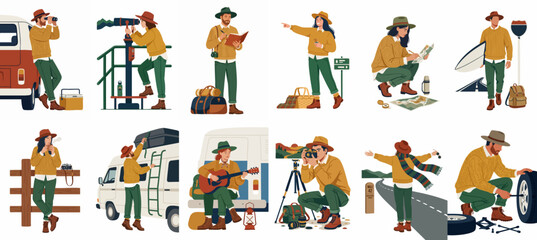 Fototapeta premium Set of flat vector illustrations featuring diverse travelers and outdoor enthusiasts enjoying activities like camping, road trips, and exploring nature.