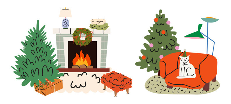Cozy Christmas room interior scenes bundle with fireplace, decorated pine tree, cat on sofa and armchair. Hand drawn winter holidays vector composition