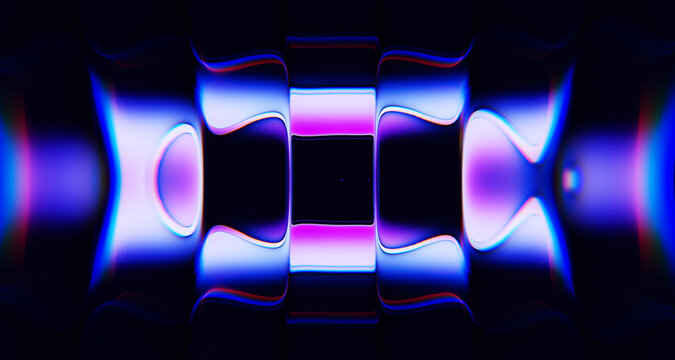 Abstract 3D glass background with glowing blue and purple neon light refraction. Sound wave ripple effect, music pulse. Futuristic dark sci-fi design with vibrant chromatic aberration. 3D illustration