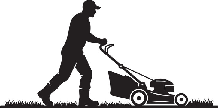 Man mowing lawn lawnmower garden maintenance service solid black vector silhouette.