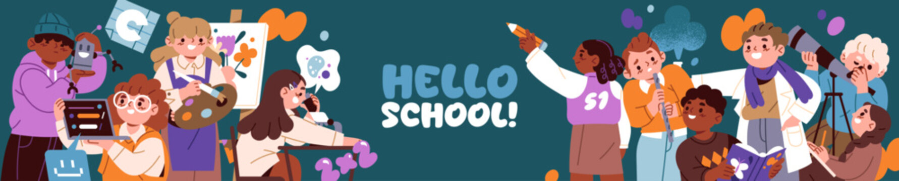 Hello school banner design. Concept Back to school. Background with learning students with books. Banner with children in class. Design with kids studying at the lessons. Elementary education
