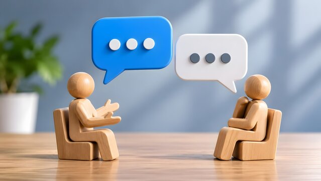 Two wooden figures sitting on chairs with floating chat bubbles representing a business meeting, job interview, or private conversation.