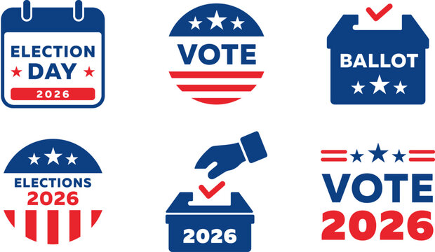 USA Election 2026 Voting Icons Set, Vote, Ballot and Election Day Symbols
