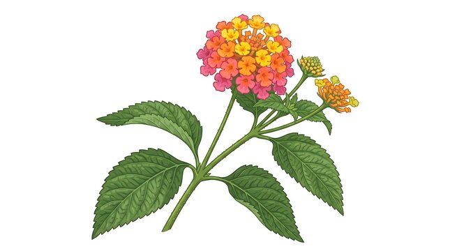 A detailed botanical illustration of a colorful Lantana camara flower with green leaves.