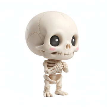 Cute skeleton character shown in side view with a friendly expression and detailed bones, isolated on white as a playful Halloween illustration.