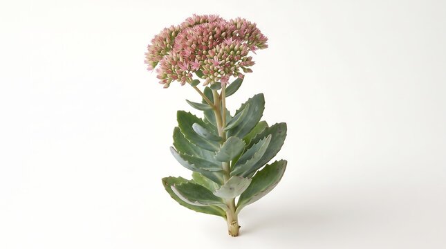 A single stem of Sedum spectabile with pink flower clusters and green succulent leaves.