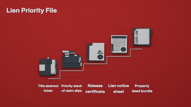 Title review establishes lien priority in a stepped sequence of ranked claims, with a release certificate clearing the recorded encumbrance. Flat 3D style; objects labelled in English.