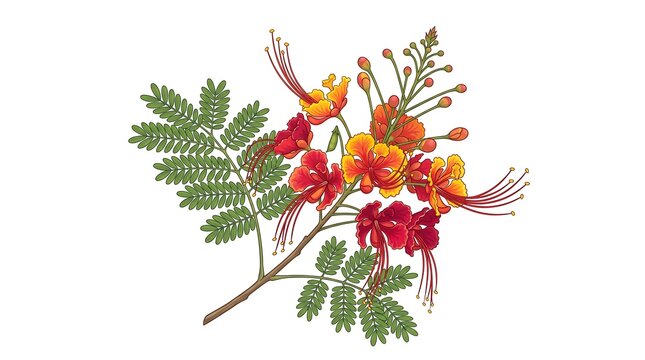 Beautiful red and orange Caesalpinia pulcherrima flower branch isolated on white background.