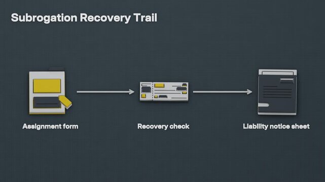 Subrogation recovery connects claim file assignment, a demand for reimbursement and receipt of a check for posting to the ledger. Flat 3D style; objects labelled in English.