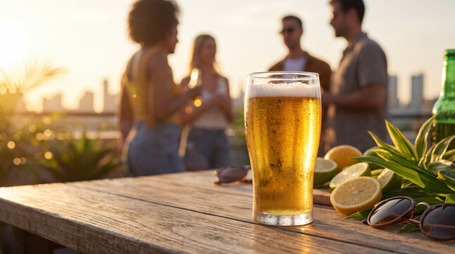 Cold beer glass on wooden table with lime at sunset gathering with friends outdoors