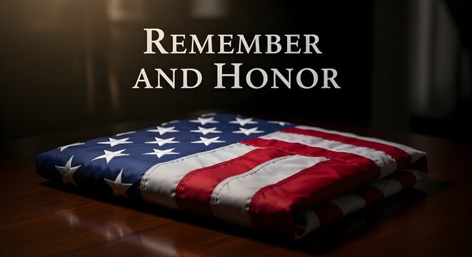 Folded american flag on a wooden table with the text remember and honor, symbolizing patriotism, memorial day, veterans day, and national pride