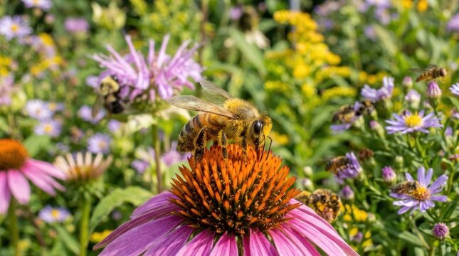 Honey bee collecting nectar on a purple in a garden.