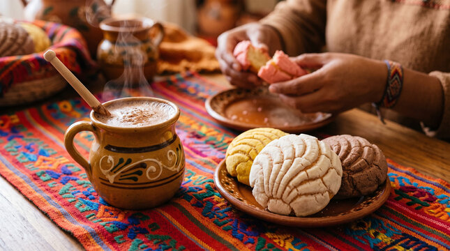 Traditional Mexican Conchas Sweet Bread and Hot Chocolate on Table