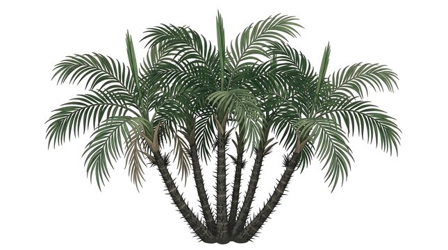 Isolated cluster of tropical palm trees on a white background.