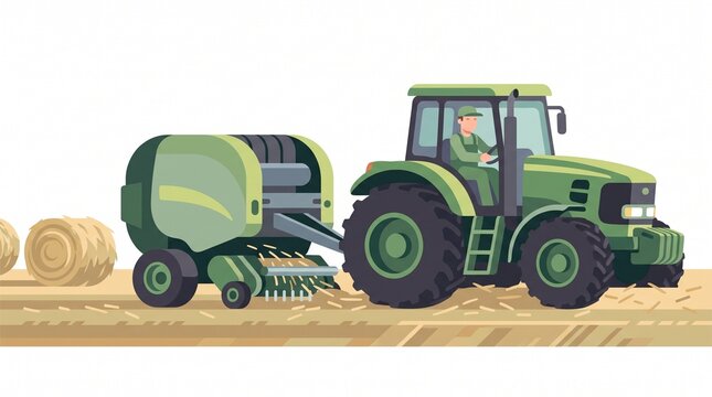 tractor pulling a round hay baler collecting crop straw on agricultural farm field equipment harvesting hay and making bales vector illustration isolated on white background 