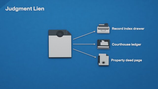 Recording a judgment lien notice updates the public index and courthouse ledger, with the encumbrance reflected in the property title abstract. Flat 3D style; objects labelled in English.