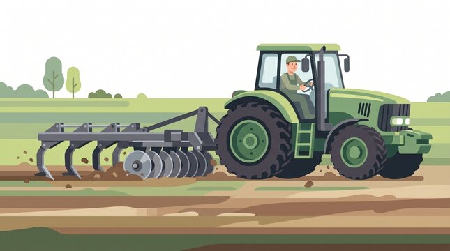 Green Agricultural Farm Tractor Plowing and Tilling Soil in Farm Field Modern Farming Machinery for Agriculture and Rural Land Cultivation
