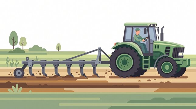 Green Agricultural Farm Tractor Plowing and Tilling Soil in Farm Field Modern Farming Machinery for Agriculture and Rural Land Cultivation