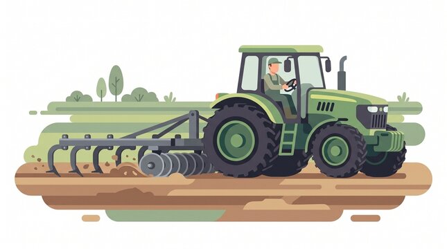 Green Agricultural Farm Tractor Plowing and Tilling Soil in Farm Field Modern Farming Machinery for Agriculture and Rural Land Cultivation