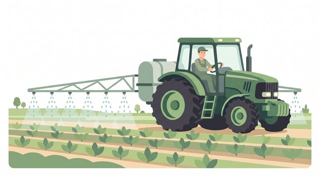 Farm tractor spraying water of liquid pesticide and fertilizer chemicals pest plant on agricultural crop field vector illustration