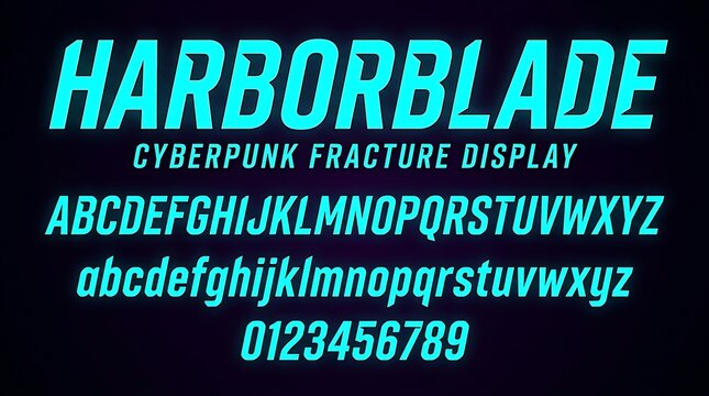 Cyberpunk Neon Blue Display Font Alphabet and Numbers