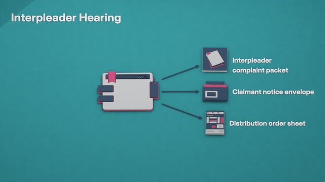 A stakeholder's interpleader complaint initiates service on claimants, a hearing on objections, and a court order distributing disputed funds. Flat 3D style; objects labelled in English.