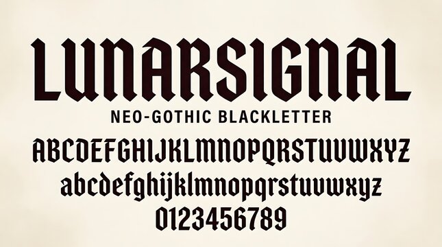 Lunar Signal Neo Gothic Blackletter Font Design with Alphabet and Numbers