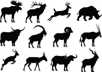 Obraz premium Horned Antlered Animals Silhouette Set Vector - Moose Elk Deer Rhino Ibex Bighorn Ram Oryx Kudu Gazelle Buffalo Wildlife Icons