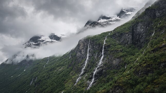 Multiple waterfalls cascading down a steep misty mountain slope